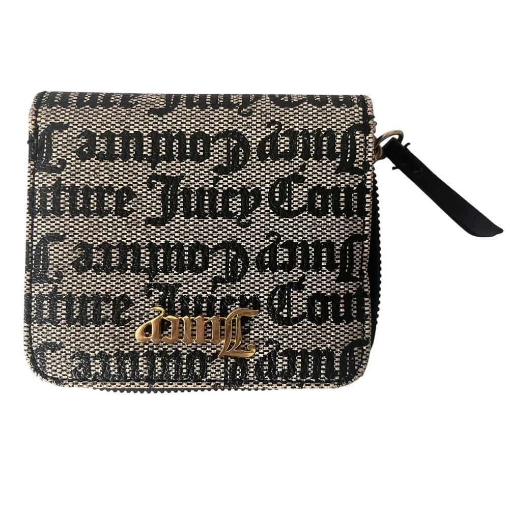 Juicy Couture Gothic Script Logo Zip Around Wallet Black Beige Y2K Gold